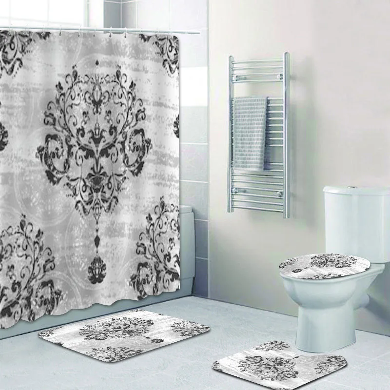 Luxury Silver Grey Baroque Damask Floral Shower Curtain Set for Bathroom Elegant Royal Flowers Bath Mats Toilet Home Decor Gift