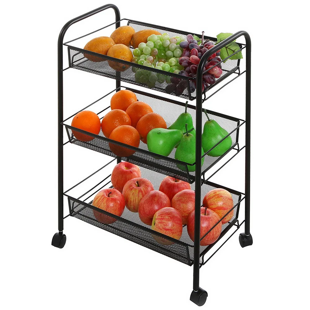 Storage Cart Rack Shelf Stand Exquisite Honeycomb Net Three Tiers with Hook Black for Kitchen Living Room Bathroom[US-Stock]