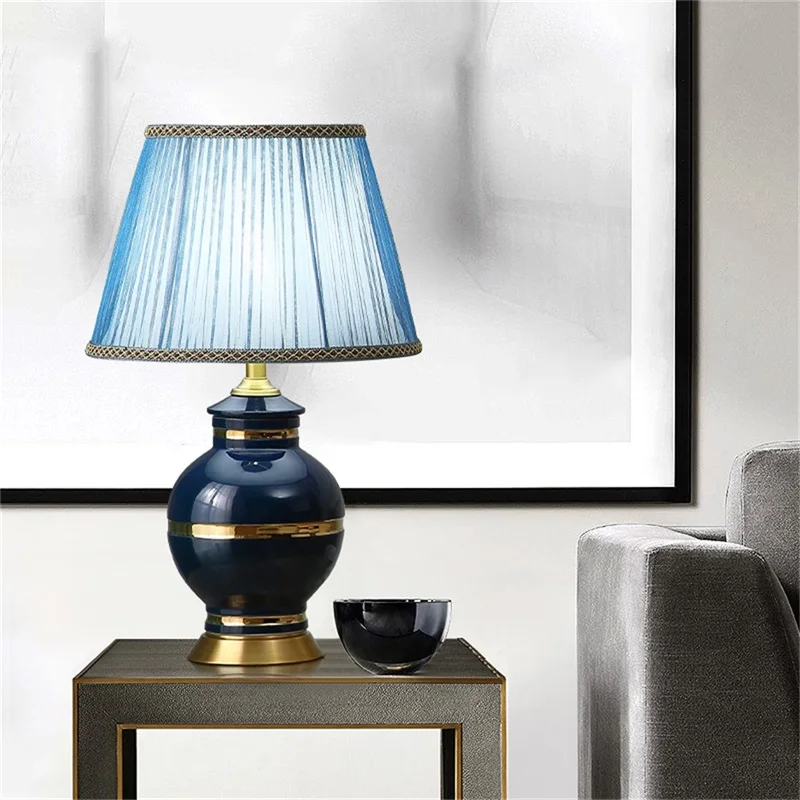 

OURFENG Luxury Bedside Table Lamp Ceramic Blue Desk Light Copper Home Decorative for Living Room Office Bed Room Study