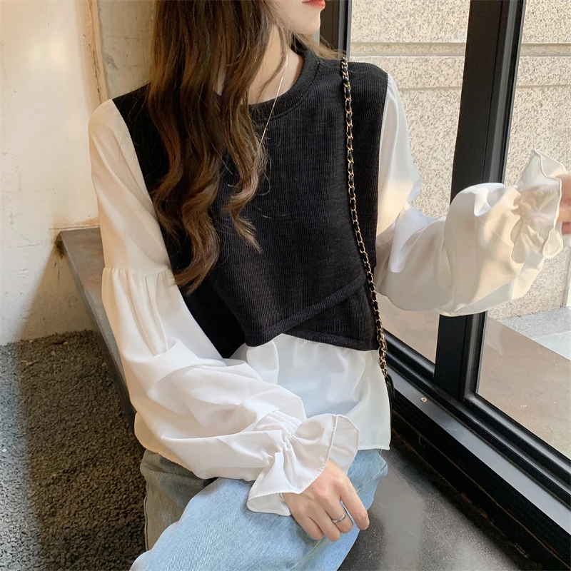 Vintage Korean Fake Two Piece Blouse Women Puff Sleeve Patchwork Blouses Tops Shirt Fashion Blusas Mujer