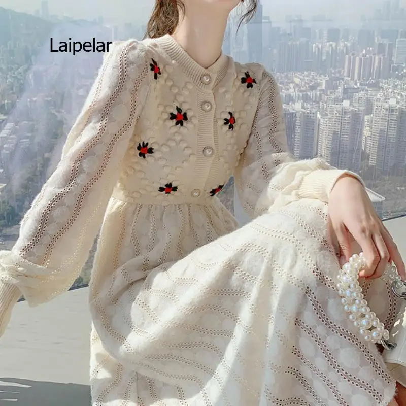 

Knitted Maxi Dresses for Women Female 2022 Korea Style Slim Embroidery Wool Long Sleeve Women Dress Autumn and Winter