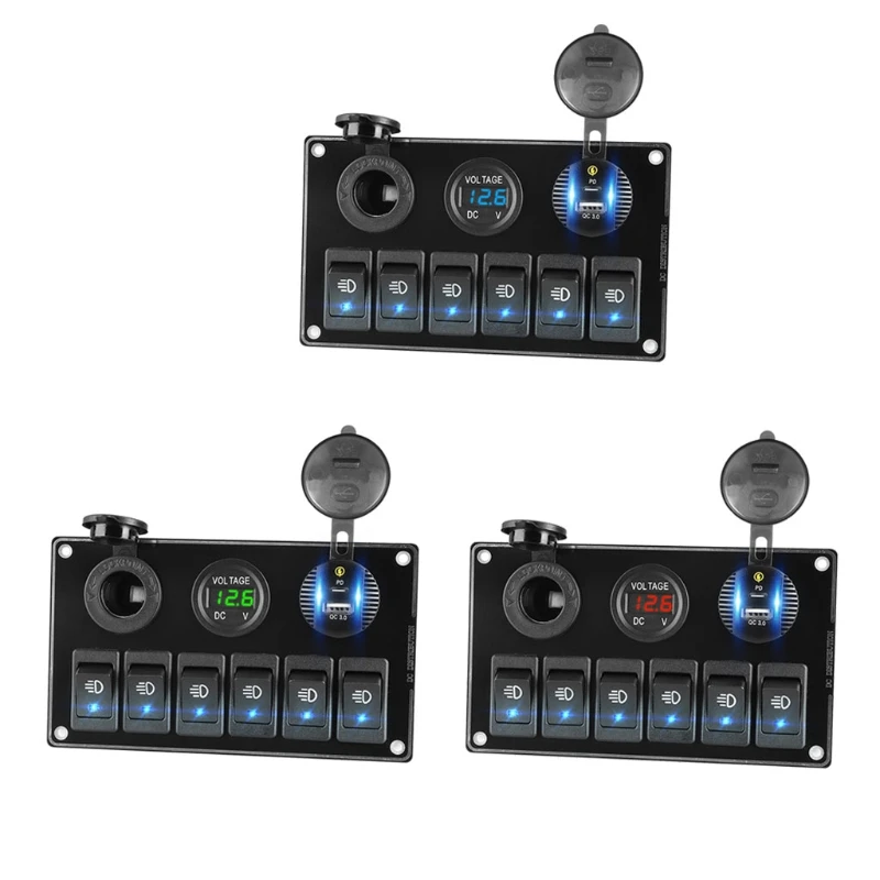 

Car Marine Circuit Breaker 6 Gang Rocker Switch Panel On/Off USB Port LED Digital Voltmeter DC 12V/24V For Car RV Truck