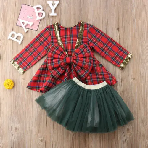 2pcs/set Plaid Christmas Dress For Girl Princess Kid Baby Girl Tulle Tutu Dresses Xmas New Year Red Party Dresses Girls Clothing