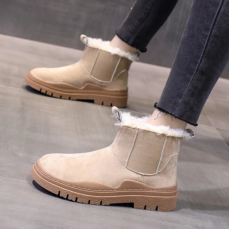 

New Chelsea Boots Chunky Boots Women Winter Casual Shoes Warm Plush Fur Flat Ankle Boots Black Female Fashion Platform Booties