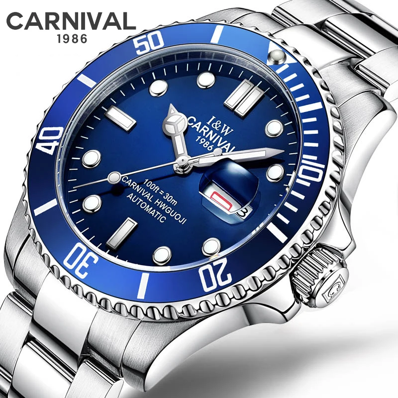 CARNIVAL Brand Luxury Mechanical Watch Men Stainless Steel Sports Waterproof Luminous Fashion Blue Wrist Watches for Men 8756