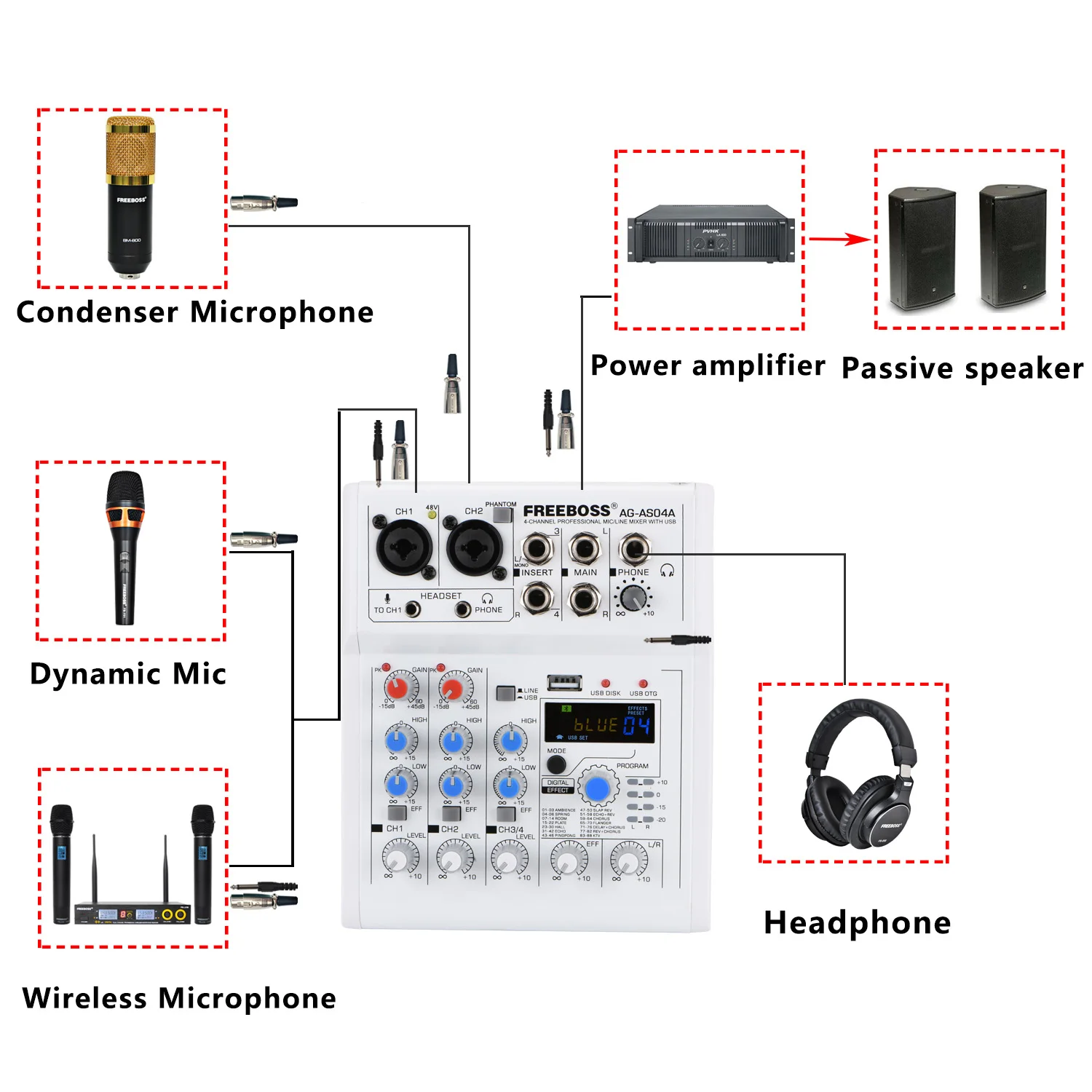 FREEBOSS AG-AS04A 4 채널 DC 5V Bluetooth 모바일 컴퓨터 USB 재생 및 기록 88 DSP 효과 Echo Reverb 개인 오디오 믹서