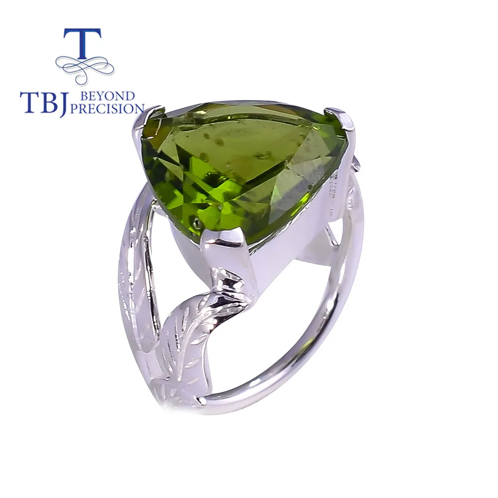 

TBJ Big size 13.8ct Peridot women Ring natural Trillion shape inclusion gemstone fine handmade jewelry 925 sterling silver