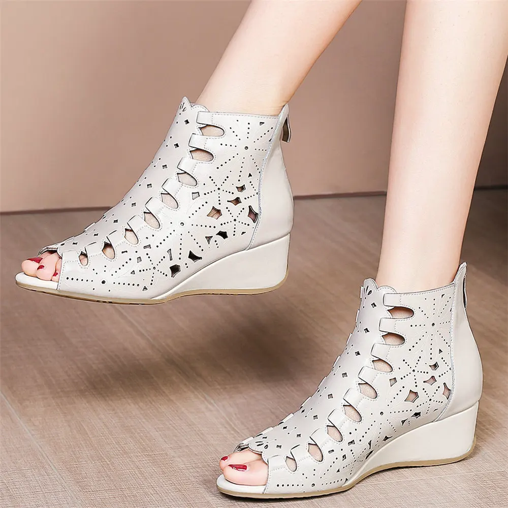 Women Genuine Leather Wedges High Heel Gladiator Sandals Female High Top Summer Open Toe Party Platform Pumps Shoe Casual Shoes