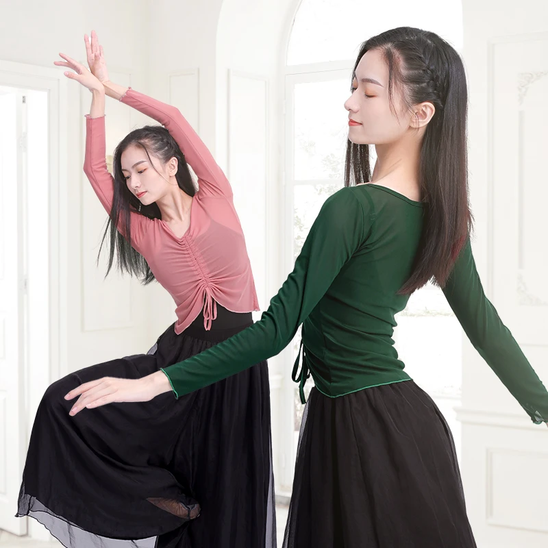 Classical Dance Clothes Women See Through Solid Mesh Tops Long Sleeve Drawstring Ballet T-Shirt Women Dance Costume