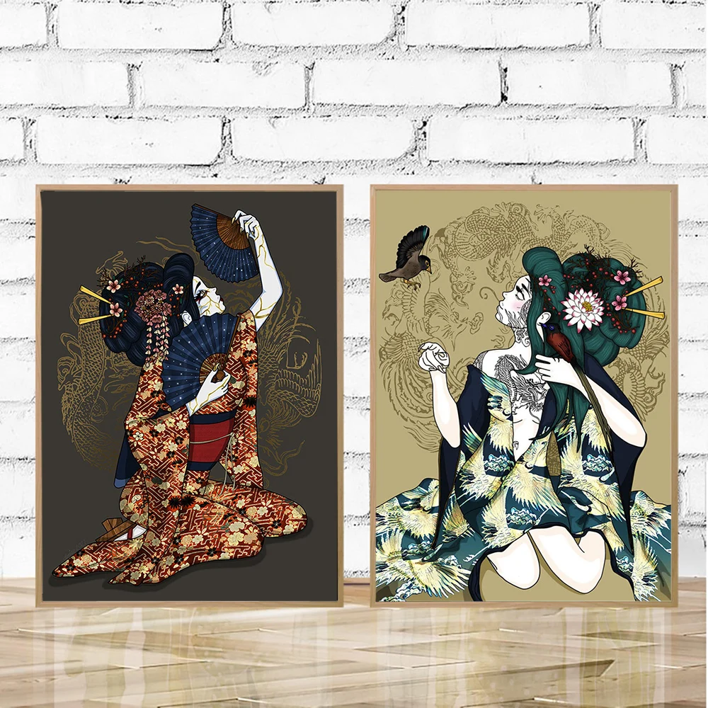 Japanese Retro Posters and Prints Anime Geisha Tell Me A Secre Canvas Painting Vintage Wall Pictures for Living Room Home Decor