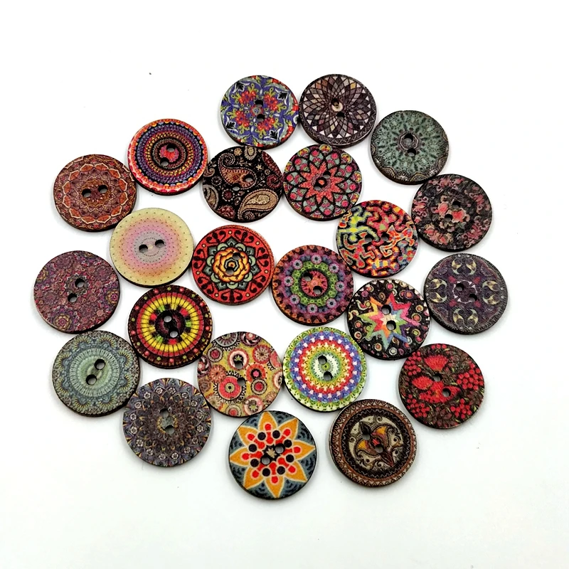 15/20/25mm Natural Retro Multi-Pattern Printing Wooden Round Buttons For Clothing Scrapbook Diy Home Sewing Accessories