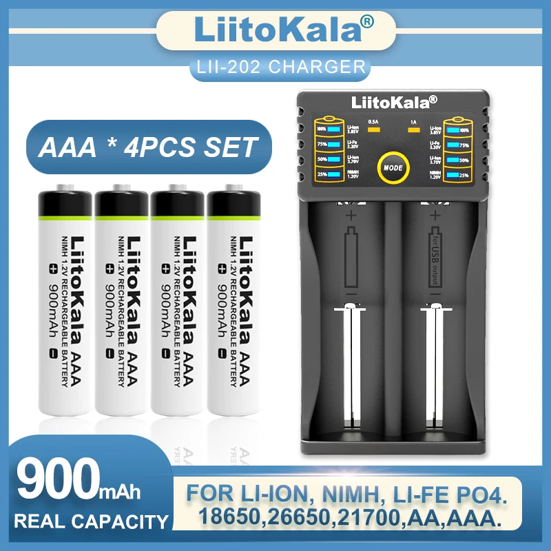 Liitokala Lii-202 Lii-100 carregador 1.2v aaa 900mah ni-mh bateria recarregável temperatura arma controle remoto brinquedo do rato