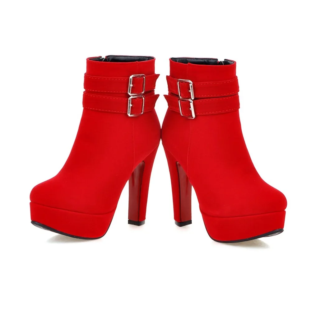 Lasyarrow Wholesale Ankle Boots Thick High Heels Women Boots Sexy Buckle Round Toe Platform Ladies Shoes Large Sizes 34-50