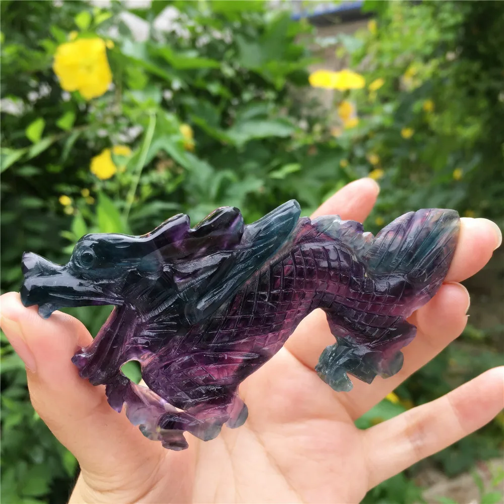 Natural rock hand carved dragon ornaments  fluorite crystal sculpture