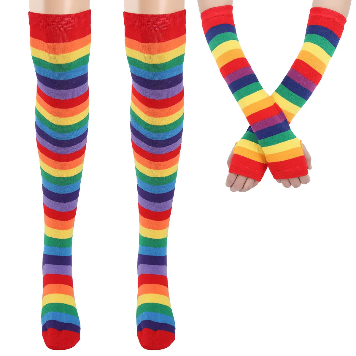 Women Girls Colorful Rainbow Striped Knee Thigh High Socks Stockings Gloves Perfect for Halloween Costume Fun Party Cosplay Gift