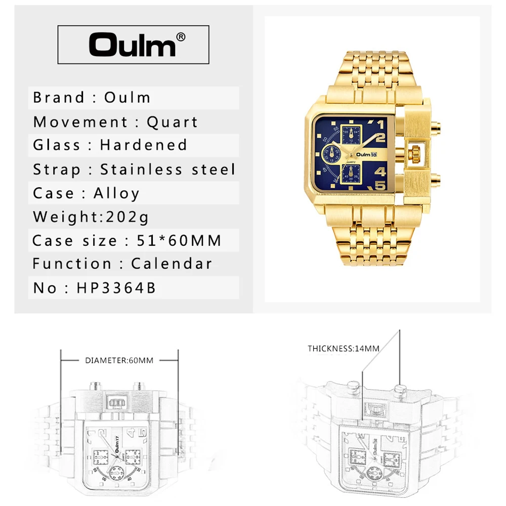 2023 Oulm Luxury Brand Gold Stainless Steel Male Watch Square Quartz Wristwatch Automatic Calendar Waterproof Relogio Masculino