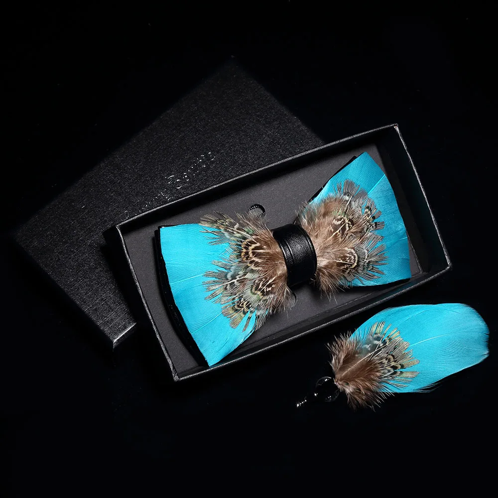 GUSLESON Original Design Mens Handmade Natural Feather Bow Tie Quality Pre-tied Bowtie For Wedding Party With Gift Box