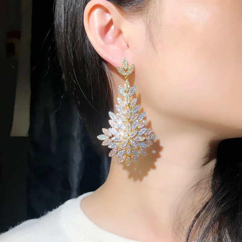 CWWZircons Luxury Exclusive CZ Leaf Drop Big Statement Long Wedding Earring 3 Tone Gold Color Dubai African Brides Jewelry CZ676