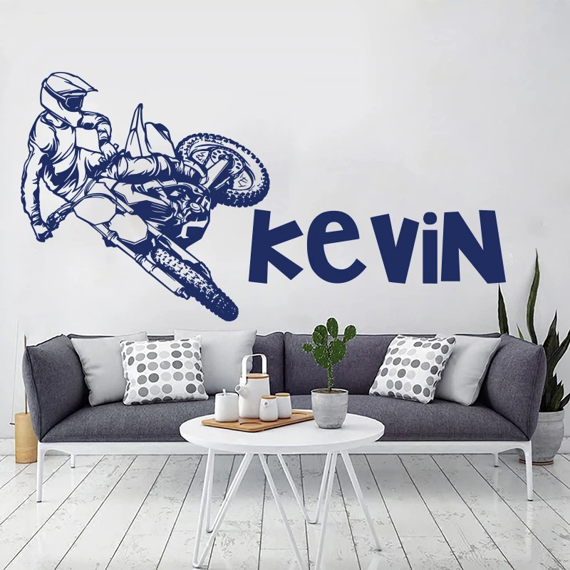 Custom Name Motorcycle Racing Bike Wall Decal Kids Room Playroom Personalized Name Motorcross Jump Motocross Wall Sticker