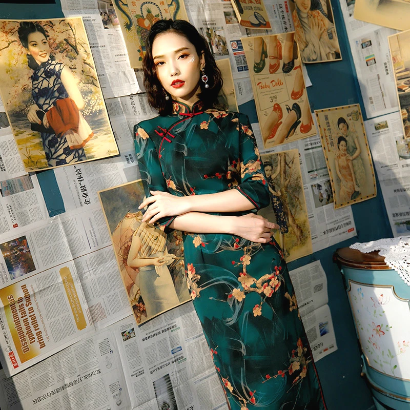 

Sheng Coco 3XL 4XL 5XL Plus Size Long Sleeve Evening Cheongsam Dresses Silk Yarn Novelty Qipao Elegant Dress Vestido Chino Green