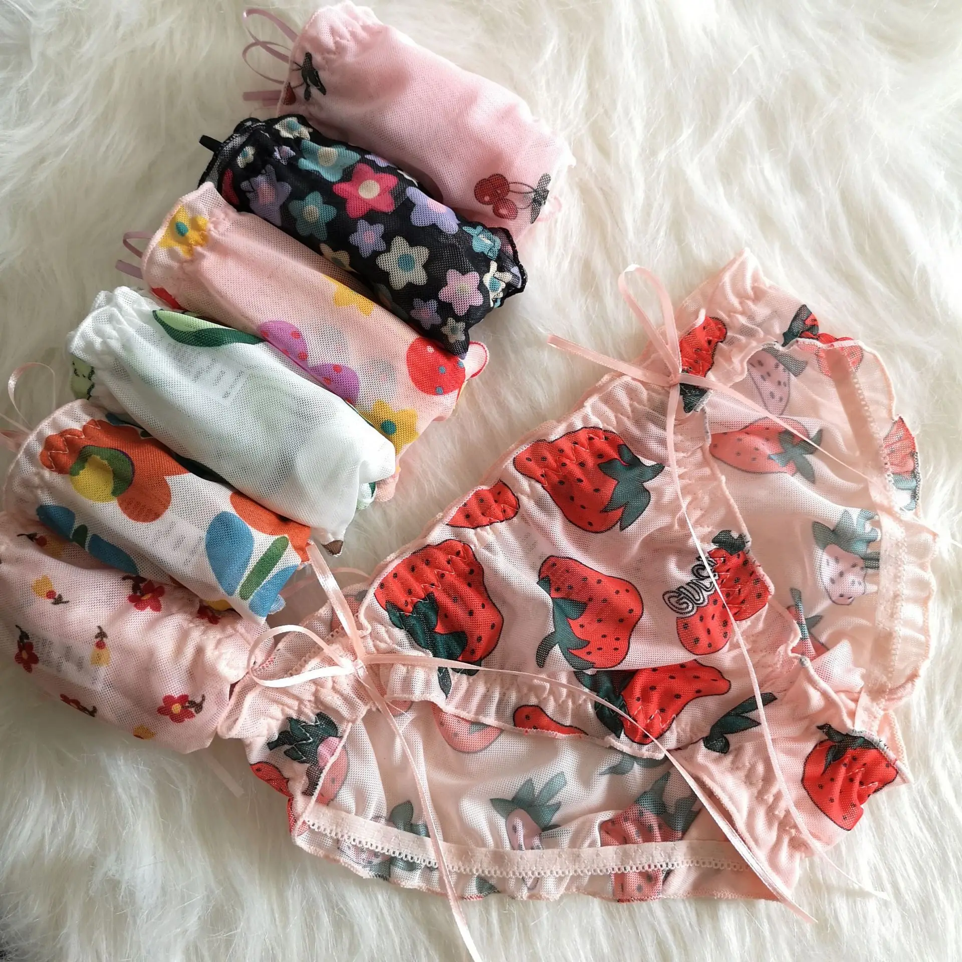 Lolita Cute Fruit Printed Mesh thong Women's Underwear Sexy Frenulum Bowknot Lace Panties Transparent G-String Lingerie