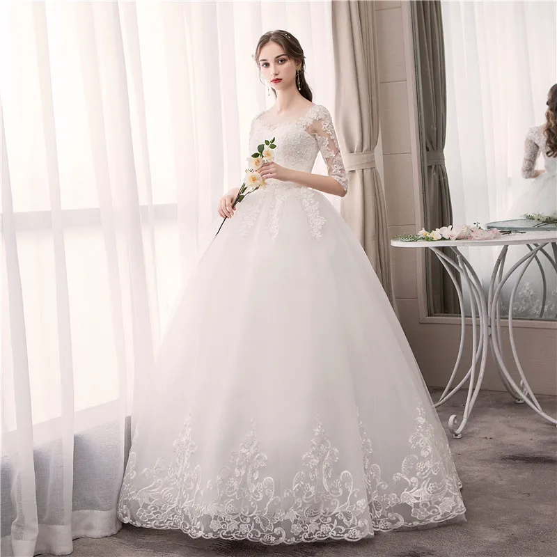 Customized Wedding Dress Embroidery Lace Up Plus Size Custom Made O Neck Wedding Dresses Half Sleeve Ball Gown Robe De Mariee