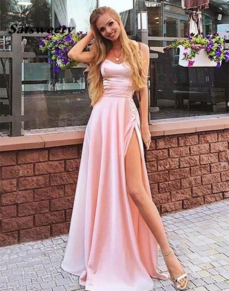 

Vestido De Festa Longo Elegant Evening Dress Long Satin Side Slit Formal Party Gowns Spaghetti Straps Robe De Soiree