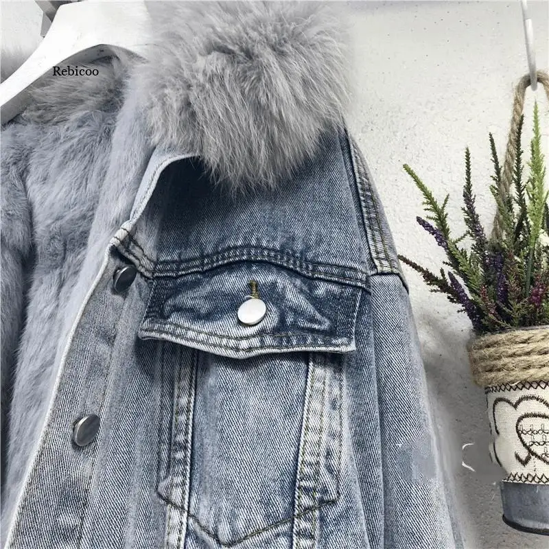 Women Denim Jacket Oversized Loose Fur Collar Plus Velvet Jean Parkas Women Winter Clothes Vintage Cotton Thick Warm Denim Coat