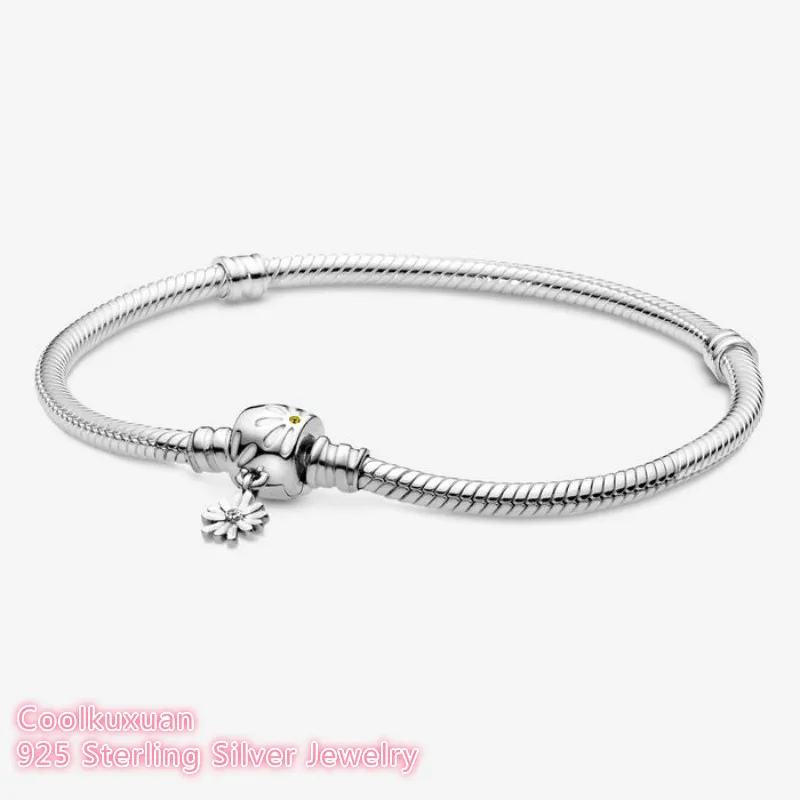 

Moments Snake Chain Bracelet with Daisy Flower Clasp pulseras Sterling Silver Bracelets For Woman DIY beads for Jewelry making