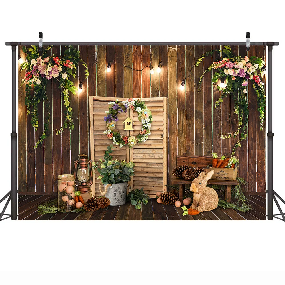 Happy Easter Party Backdrop Spring Rabbit Cake Smash Portrait Photo Background Colorful Eggs Flowers Grass Studio Photography