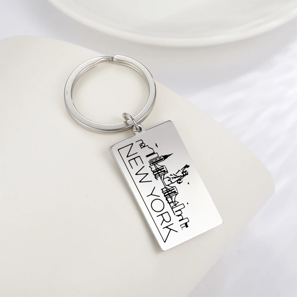 私形状シティビル風景キーホルダー旅行キーリングシルバーカラーのステンレス鋼キーチェーンキーホルダーファッションジュエリー