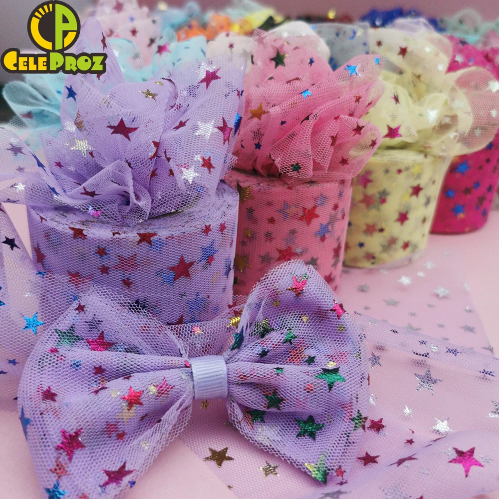 6cm 25y Tulle Ribbon Rainbow Color Star Gauze Mesh Tape Net Organza DIY Hairbow Clip Cake Topper Headwear Doll Dress Skirt Lace