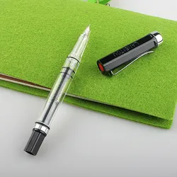 Lanbitou-pluma estilográfica transparente de color negro mate, plumín F/EF, relleno de pistón de plástico, bolígrafos de tinta para escritura, material escolar y de oficina, 1 pieza