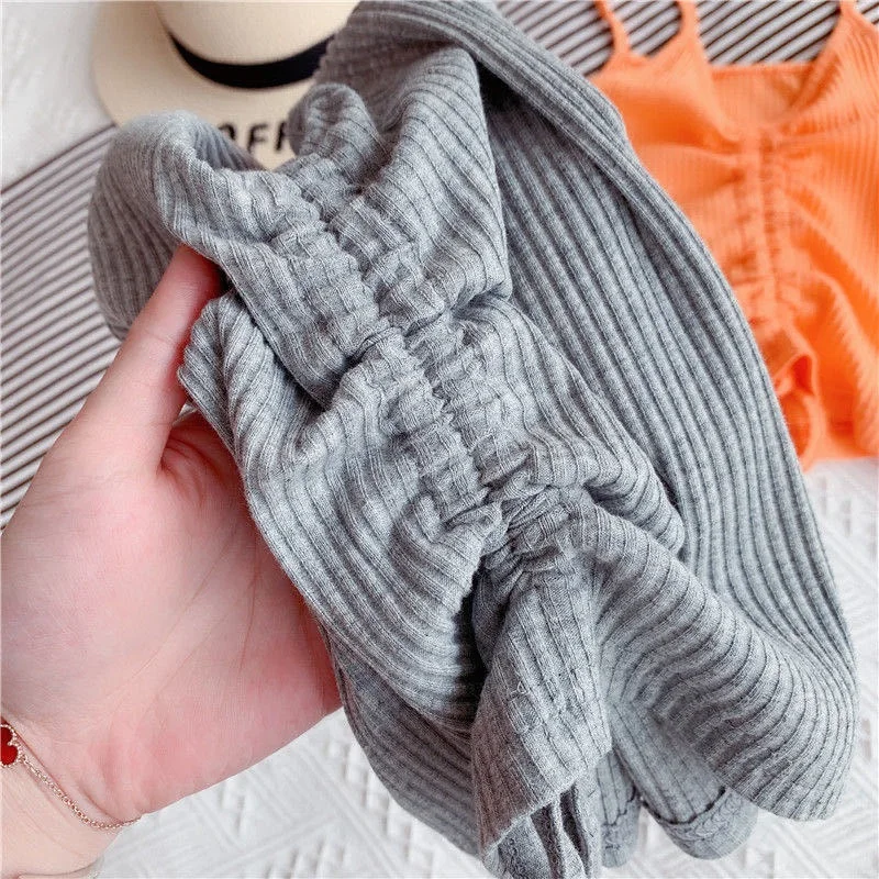 Fashion Baby Girl Cotton Ribbed Vest Infant Toddler Girl Strap Tshirt Sleeveless Tee Top Striped Drawstring Solid 1-7Y