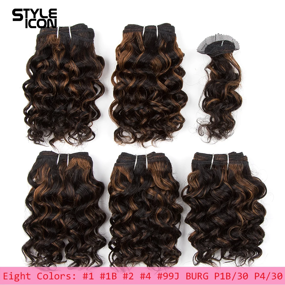 

Styleicon Precolored 5 Pcs Sparkle Curly Hair Bundles With Closure Set Pack 158G Eight Colors Options #2 P1B-30 P4-30 99J Burg