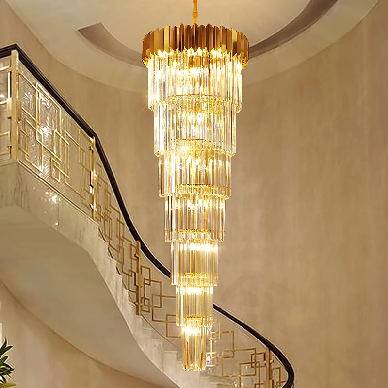 

Modern Chandelier Lighting Villa Duplex Building Staircase Long Crystal Chandelier Hotel Lobby Hollow Large Crystal Hanging Lamp