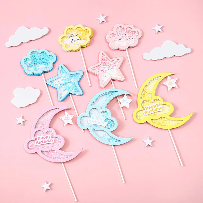 Cake Topper Sequin Pink Moon Star Happy Birthday Wedding Decoration Giltter Yellow Blue Cupcake Decor Party Baking Supplies DIY