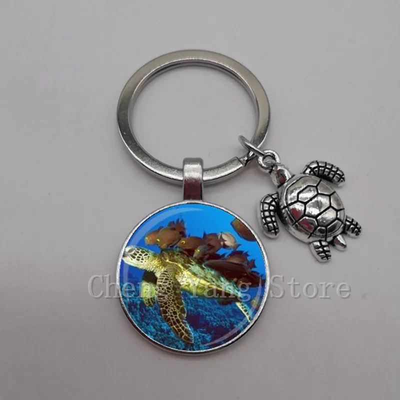 Marine life jewelry turtle dolphin shell keychain key ring glass convex round keychain charm turtle pendant Christmas gift