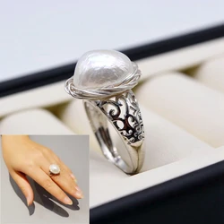 Baroque ring natural freshwater white pearl sterling silver ring adjustable ring handmade silver wire winding ladies ring