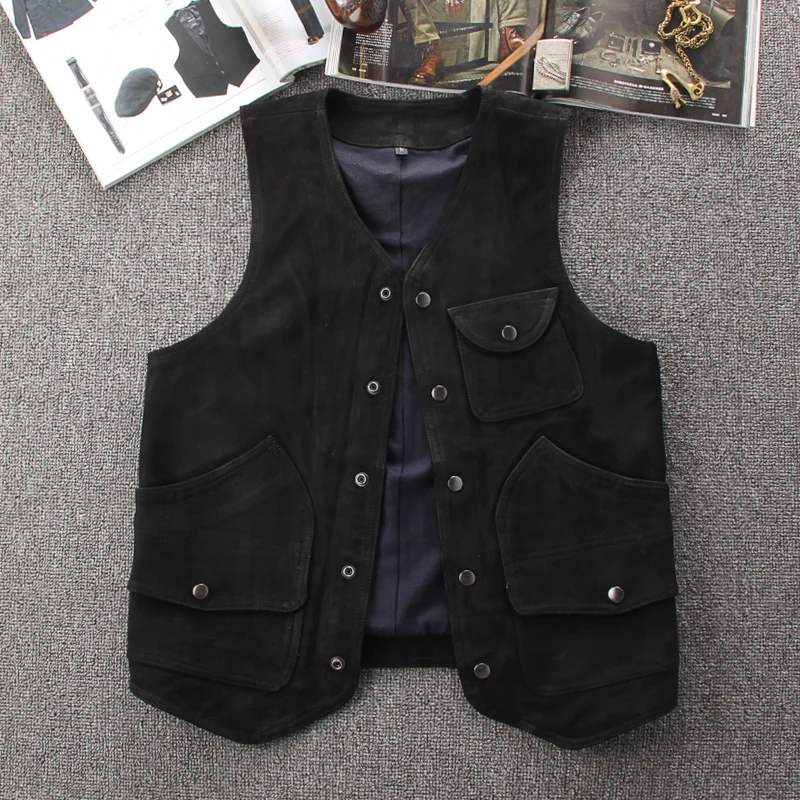 

Real Japanese Leather Vest Vintage Genuine Leather Sleeveless Jackets Men Swede Leather Sheepskin Casual Biker Waistcoat