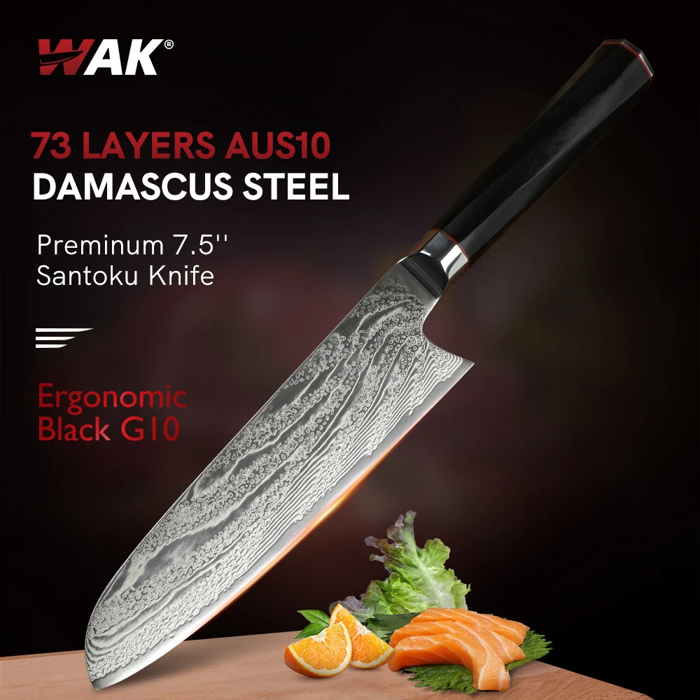 WAK Professional 7.5inch AUS10 Damascus Steel Santoku Knife Sharply 73Layers Kitchen Santoku Knife Preminum Black G10 Knife