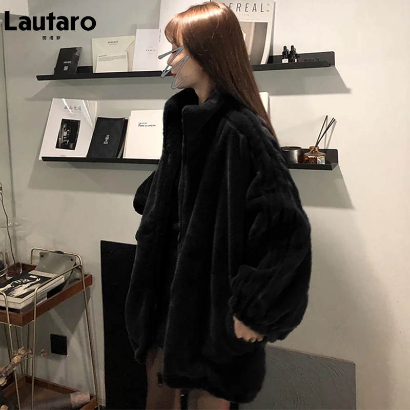 Lautaro Winter Black Oversized Faux Fur Jacket Women Long Sleeve Stand Collar Korean Fashion New Arrivals 2021 Womens Clothing