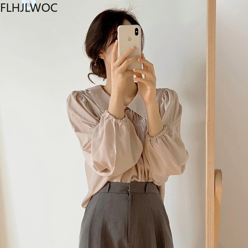 Chic Korea Japanese Fenimine Clothes Women 2021 New Design Long Sleeve Solid Retro Vintage Black Pink Cute Tops And Blouses