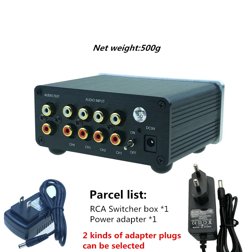 Divisor de cable de señal RCA, selector de interruptor, caja de distribuidor de conector de fuente schalter, entrada de audio 4 en 1, 4 salidas