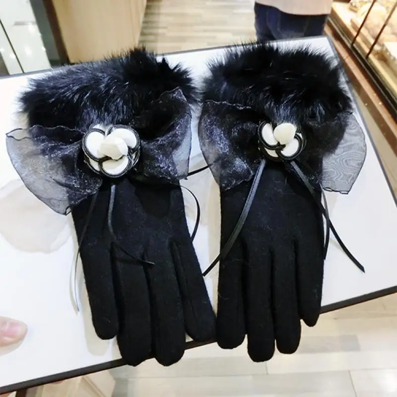 Flower Black Rabbit Fur Mouth Bow Ribbon Gloves Winter New Touch Screen Five-Finger Fashion Finger Warm Gloves Women