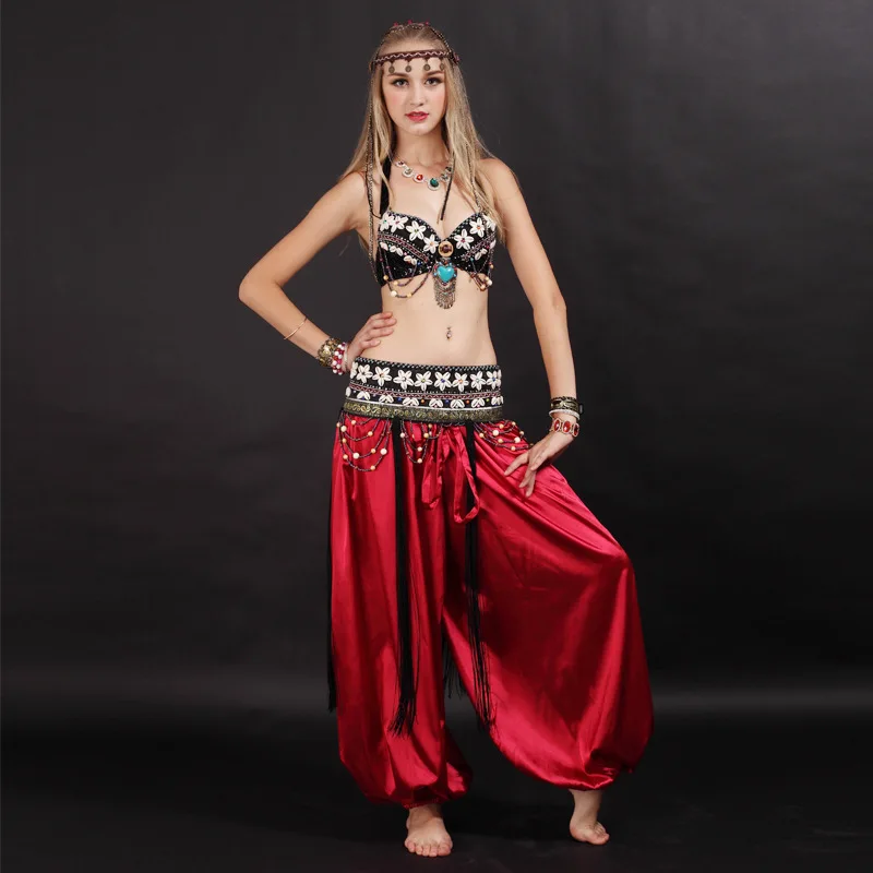 Size S-XL Dance Beaded Outfit 2 pieces Bra and Belt Tribal Belly Dance Costume Set Shells Top Jewelry Accents ATS Fringes Belts