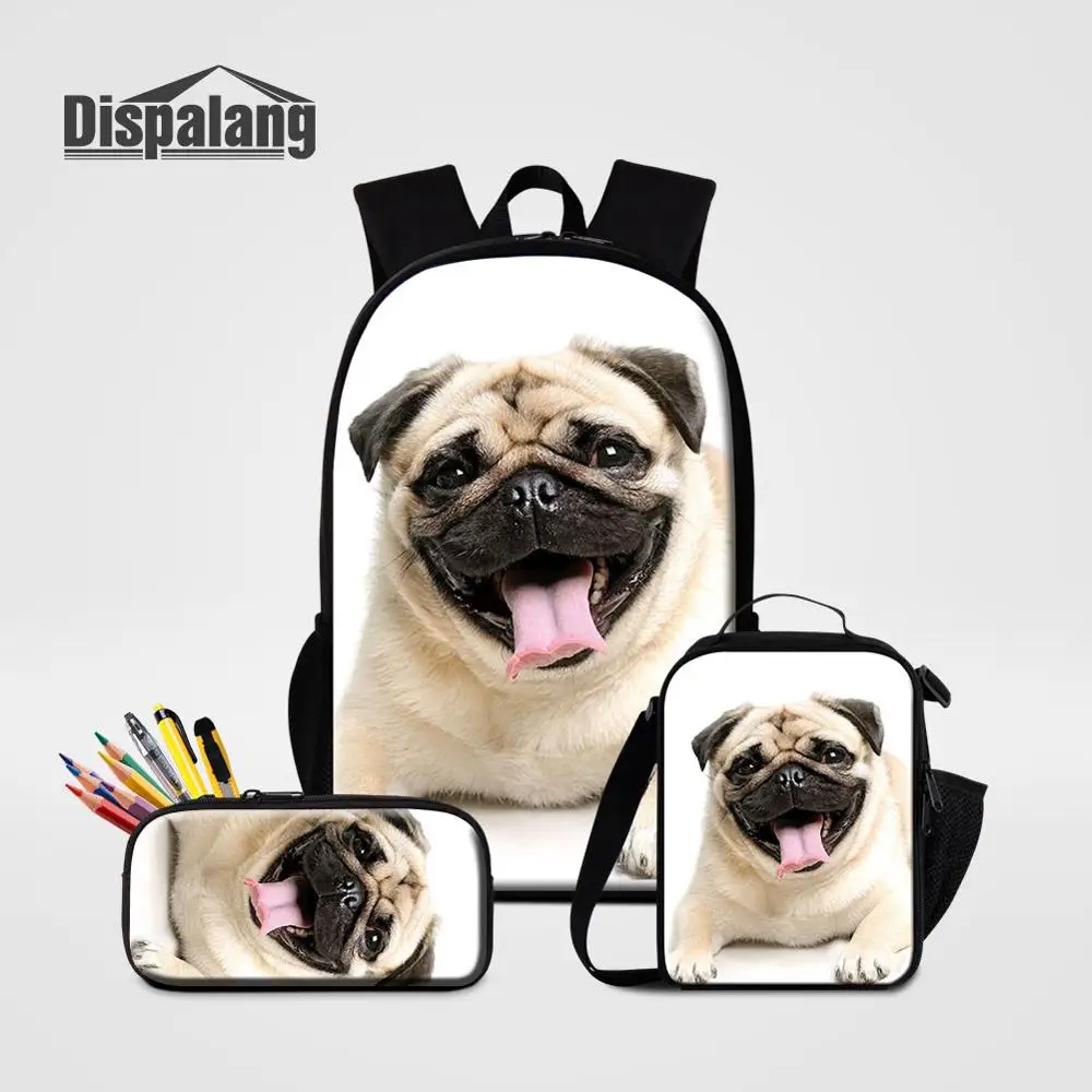 

Pug Dog Printing School Backpack With Pencil Case Lunch Bag 3PCS/Set Bookbag For Girls 16 Inch Schoolbag Food Bag For Student