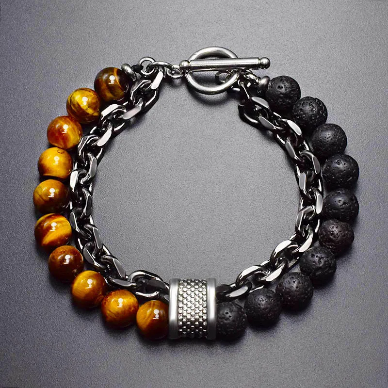 2 Layers Gun Black Stainless Steel Chain Bracelet Men's Tiger Eye Natural Stone Beads Bracelet for Men Beads Strand Braclet Gift image 2