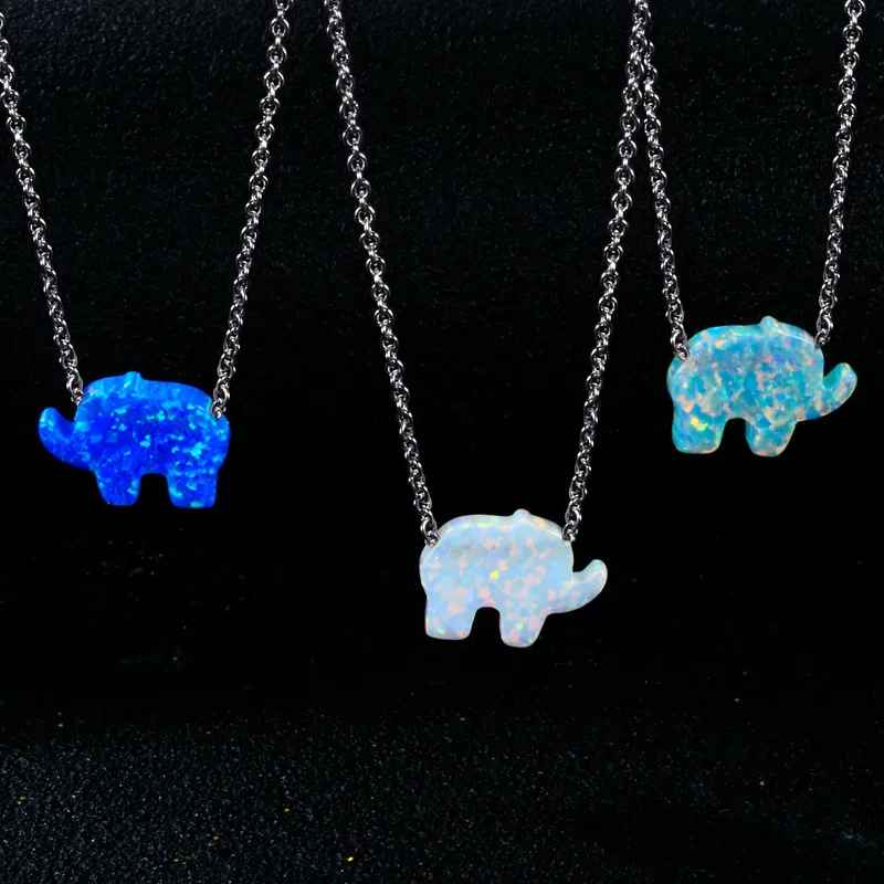 925 Sterling Silver 11 * 13 MM White Blue Fire Opals Elephant Pendant Necklace Wholesale