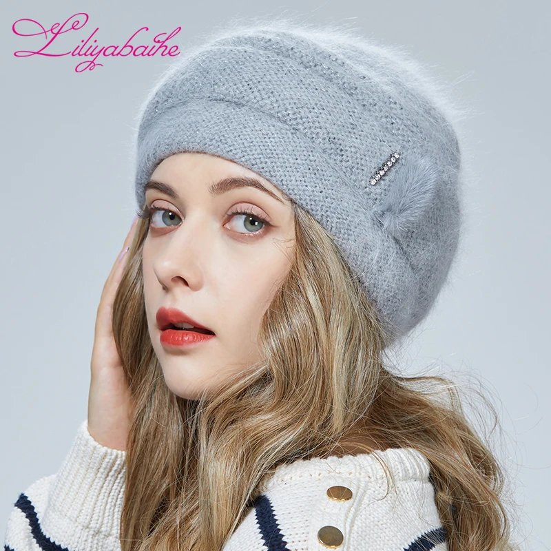 LILIYABAIHE NEW Style Women Winter hat  knitted wool angora hat Double warm hat  mink And vertical drill  decoration cap